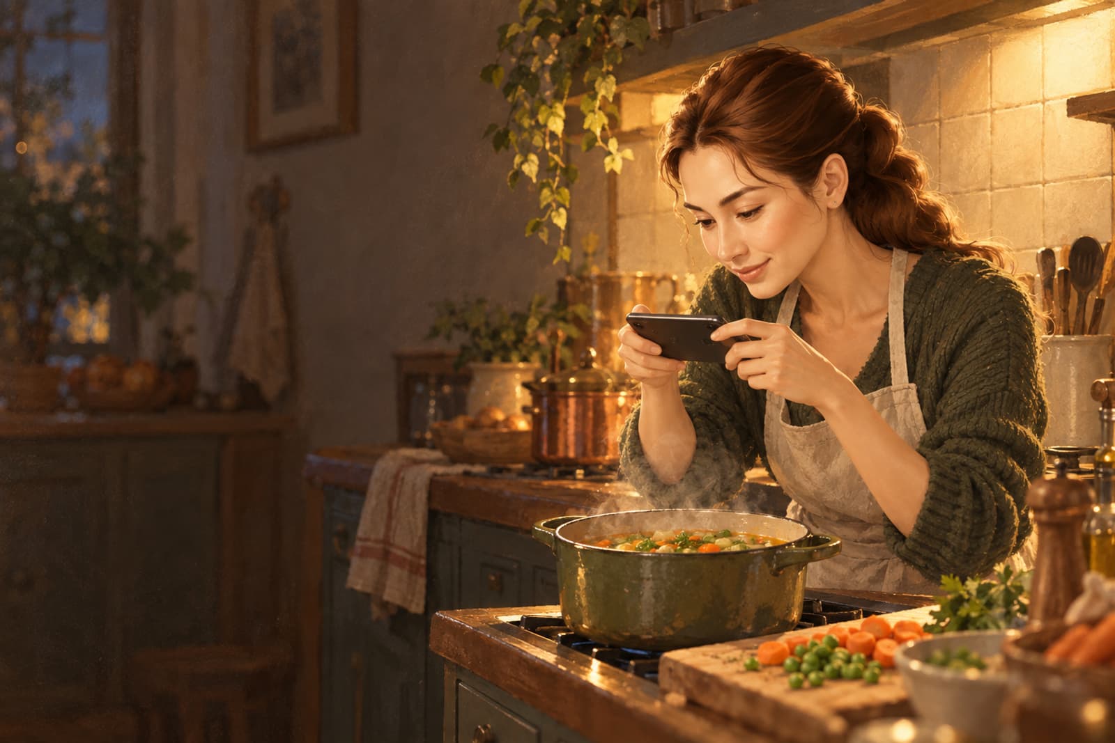 A member photographs a pot of vegetable soup on the stove in the evening.