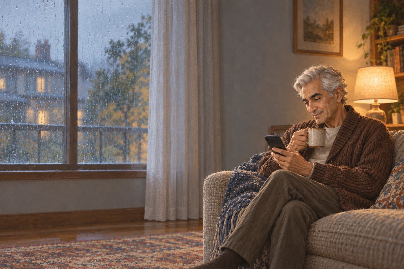 An older man on his sofa on a rainy afternoon, reading a message on his phone.