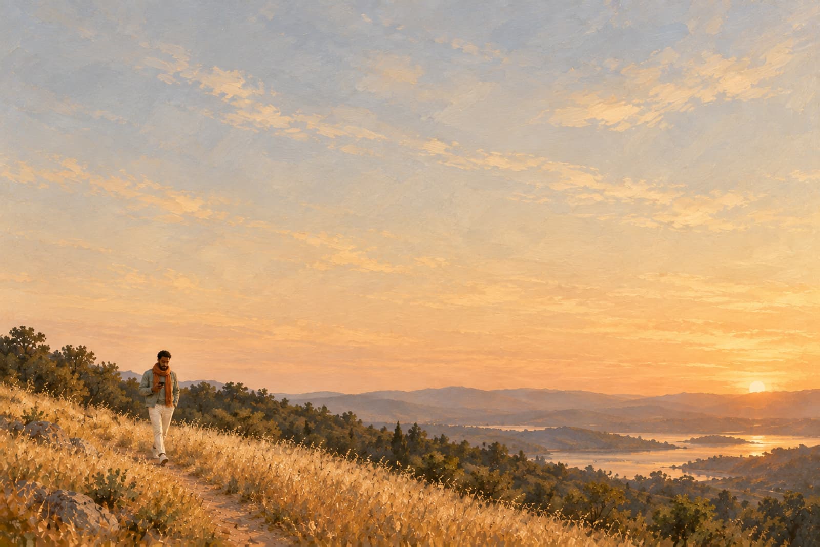 A member walks a hillside path at golden hour, glancing at a message on his phone.