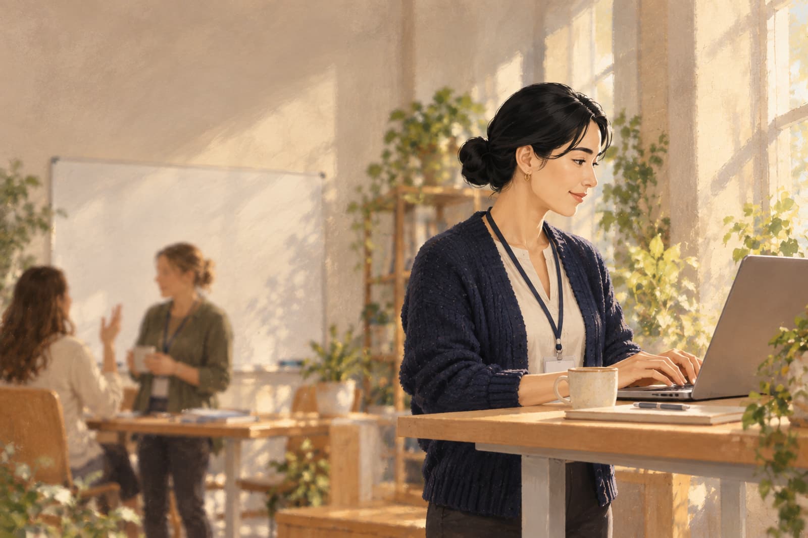 A studio manager at a standing desk reads an update on her laptop while coaches talk in the background.
